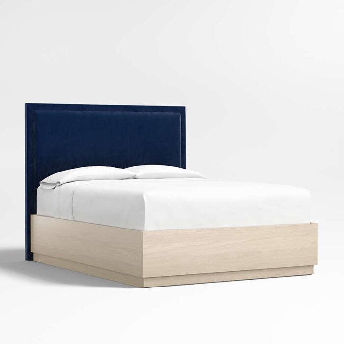 Meraux 56" Navy Queen Upholstered Headboard with Batten White Oak Storage Bed Base