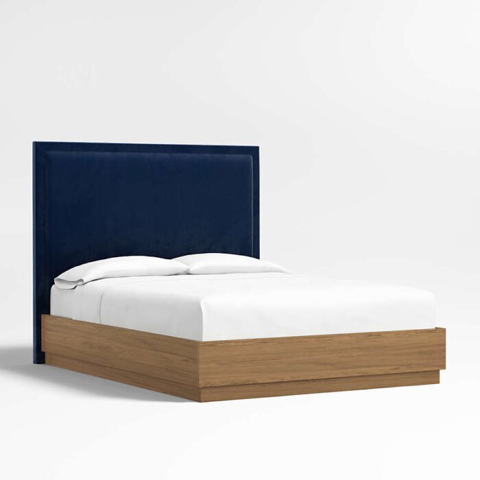 Meraux 56" Navy King Upholstered Headboard with Batten Brown Oak Bed Base