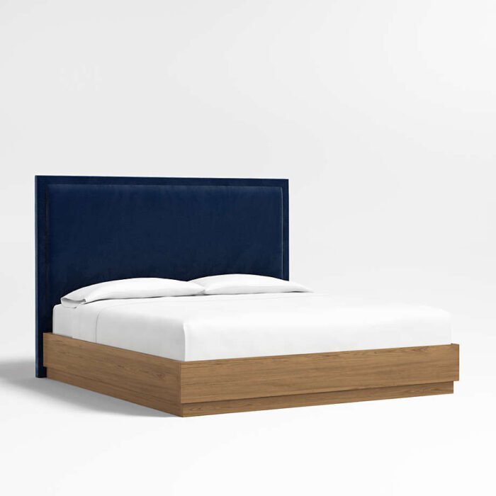 Meraux 56" Navy King Upholstered Headboard with Batten Brown Oak Bed Base