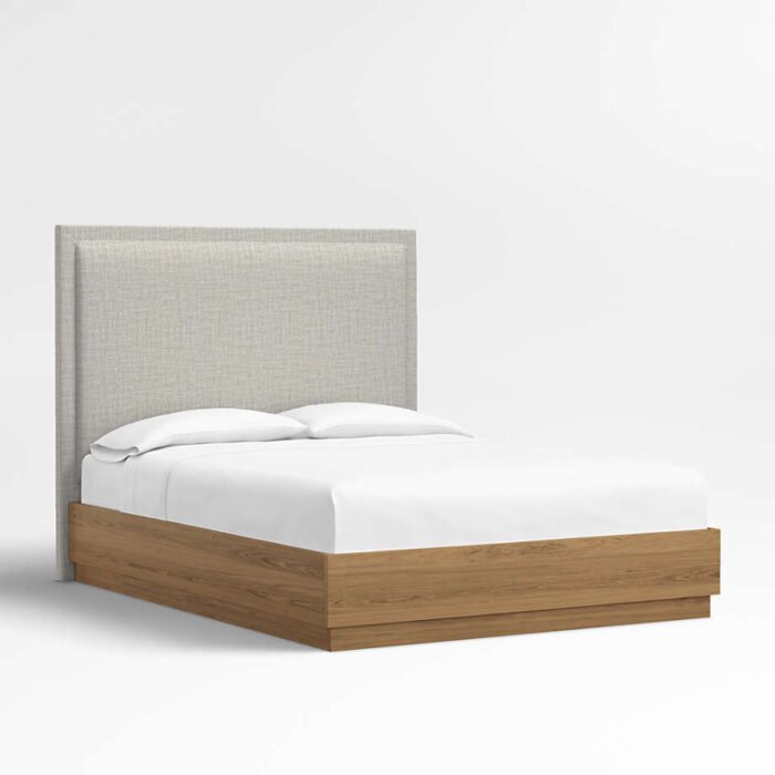 Meraux 56" Mist Grey Upholstered King Headboard with Batten Brown Oak Bed Base