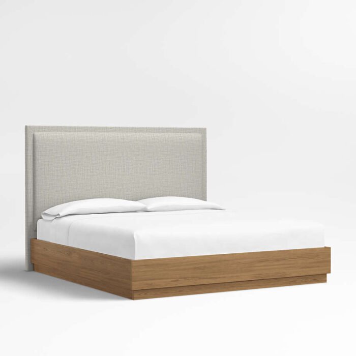 Meraux 56" Mist Grey Upholstered King Headboard with Batten Brown Oak Bed Base