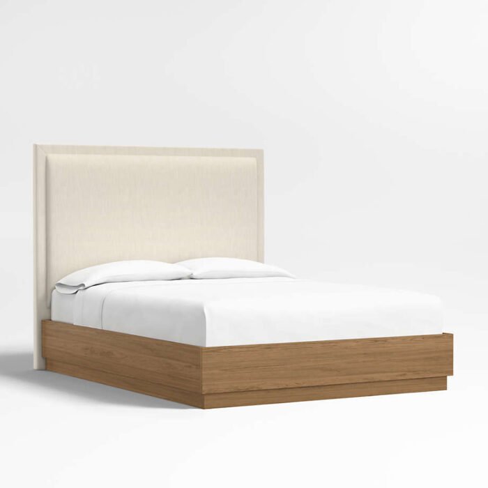 Meraux 56" Ivory Upholstered Queen Headboard with Batten Brown Oak Bed Base