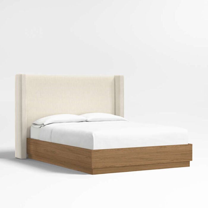 Arden 52" Ivory Upholstered King Headboard with Batten Brown Oak Bed Base