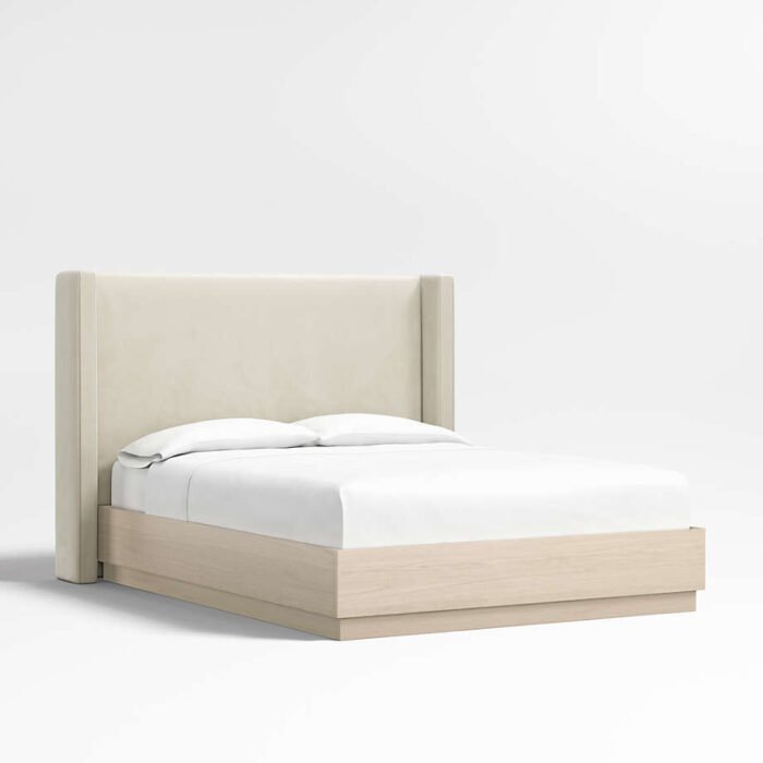 Arden 52" Beige Upholstered King Headboard with Batten White Oak Bed Base