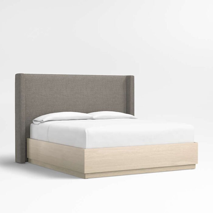 Arden 60" Dark Grey Upholstered King Headboard with Batten White Oak Storage Bed Base