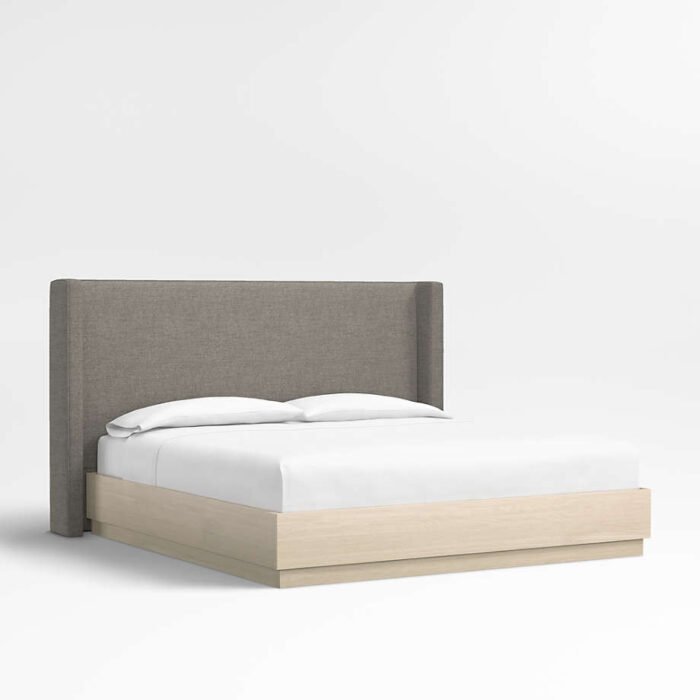 Arden 52" Dark Grey Upholstered King Headboard with Batten White Oak Bed Base