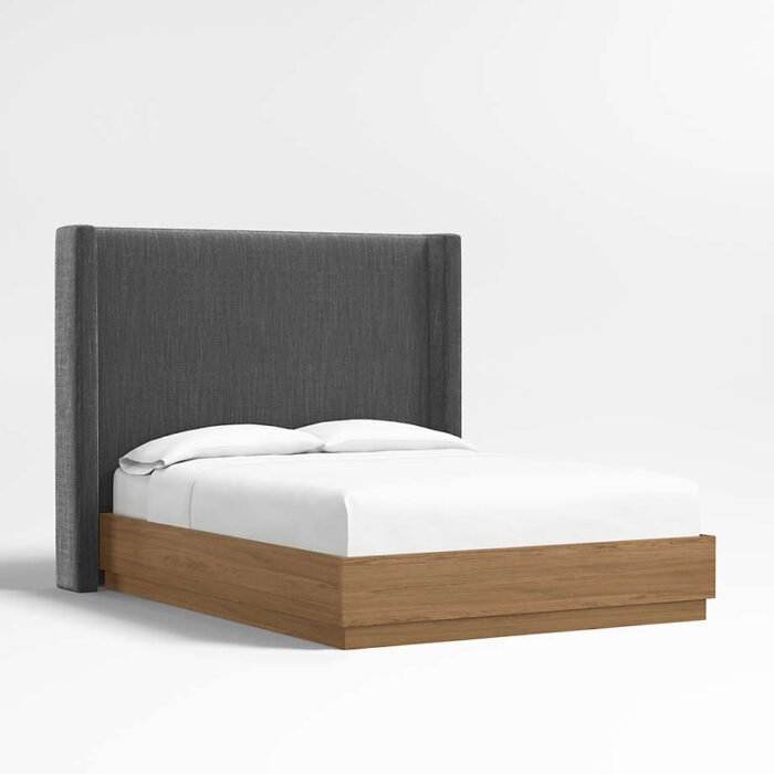 Arden 60" Charcoal Grey Queen Upholstered Headboard with Batten Brown Oak Bed Base