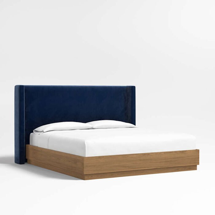 Arden 52" Navy King Upholstered Headboard with Batten Brown Oak Bed Base