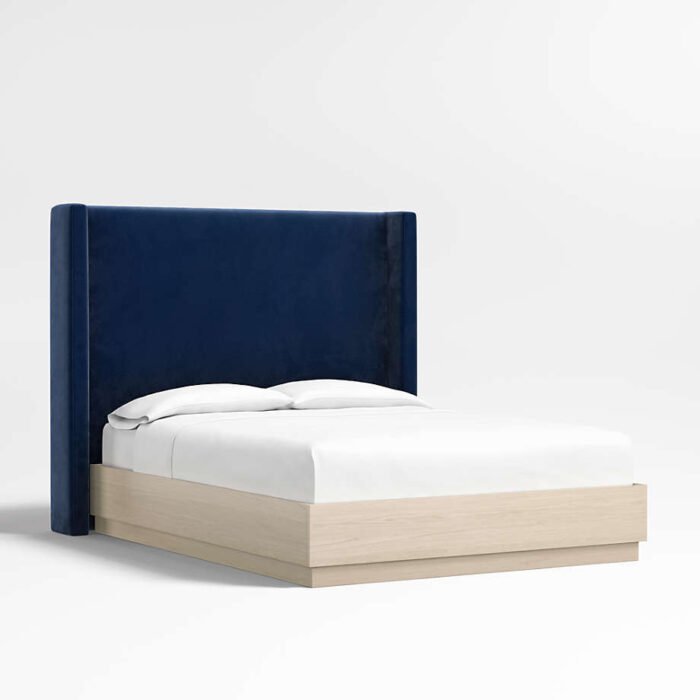 Arden 60" Navy Queen Upholstered Headboard with Batten White Oak Bed Base