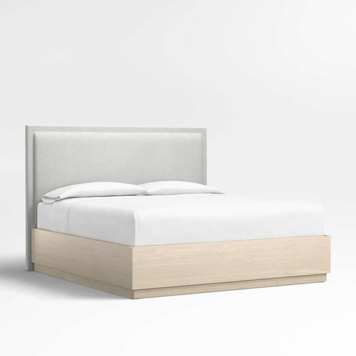 Meraux 56" Oyster Grey Upholstered King Headboard with Batten White Oak Storage Bed Base