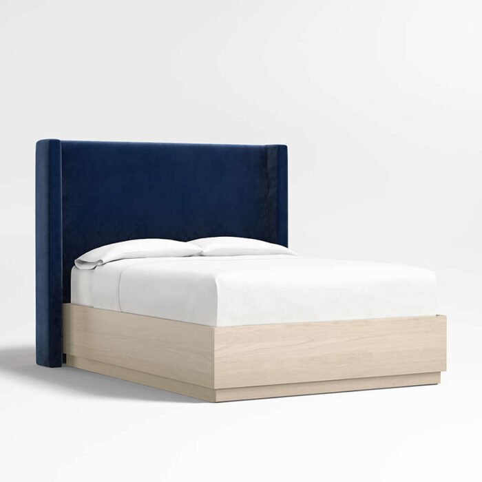 Arden 60" Navy King Upholstered Headboard with Batten White Oak Storage Bed Base