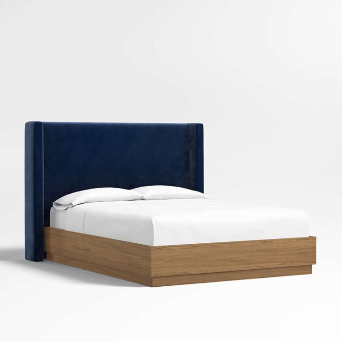 Arden 52" Navy King Upholstered Headboard with Batten Brown Oak Bed Base