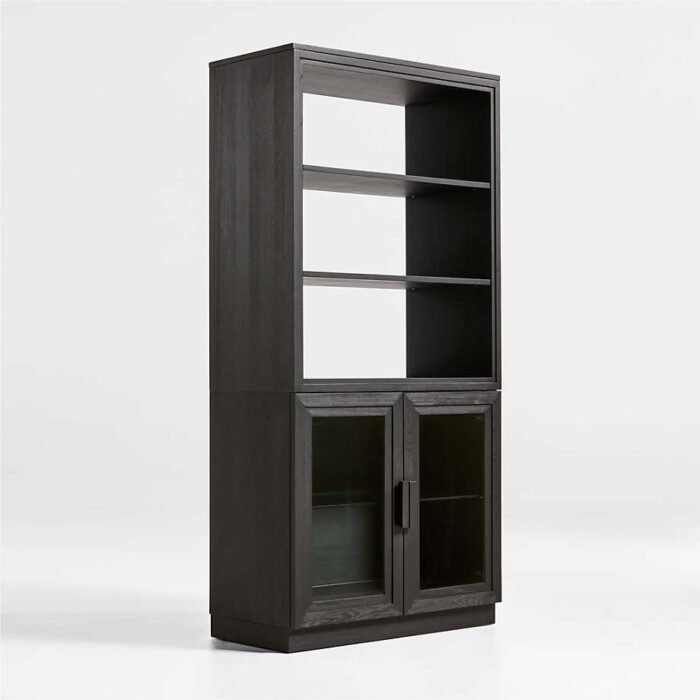 Calypso Black Elm Wood Modular Glass-Door Base and Bookshelf Hutch