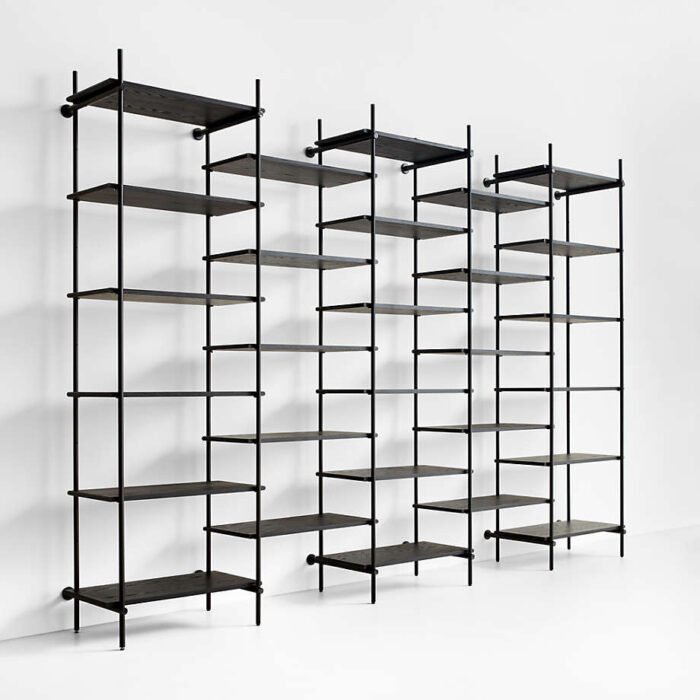 Petra Black Oak Wood and Metal Wall-Mounted 137" Bookcase Unit