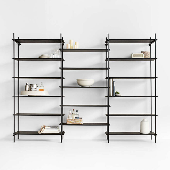 Petra Black Oak Wood and Metal Wall-Mounted 122" Bookcase Unit