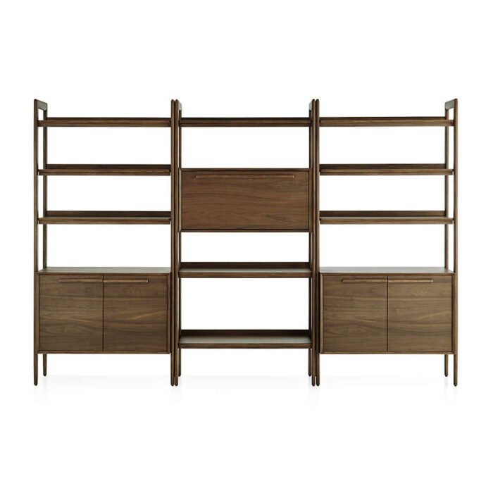 Tate Walnut Bookcase Bar Cabinet with 2 Bookcase Cabinets