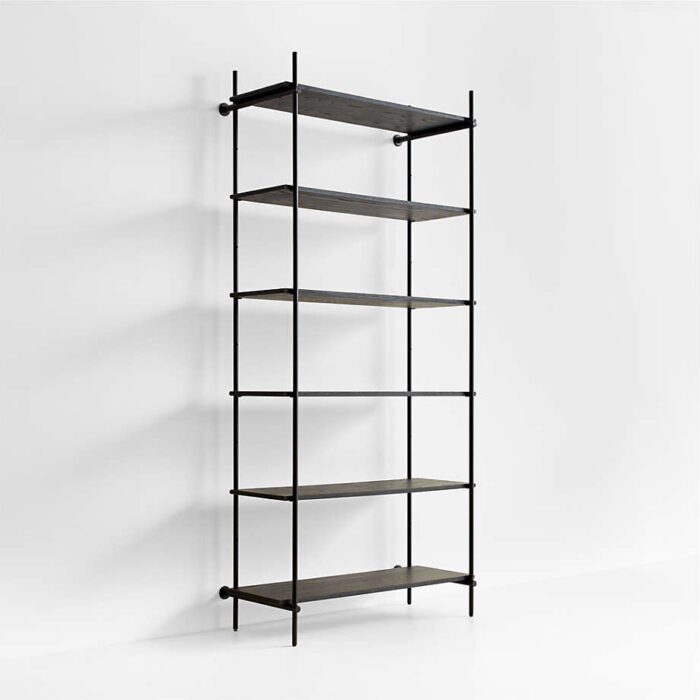 Petra Black Oak Wood and Metal Wide Wall-Mounted Bookcase