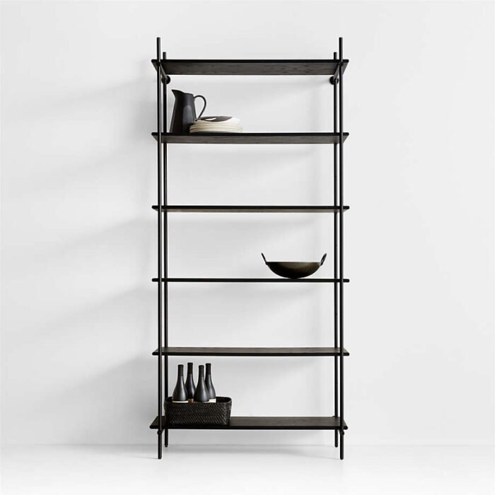 Petra Black Oak Wood and Metal Wide Wall-Mounted Bookcase