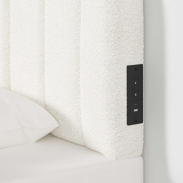 Scallop Channel White Boucle Twin Charging Wall-Mounted Headboard