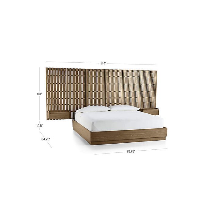 Batten Brown Oak King Plinth-Base Bed, Panels and Nightstands