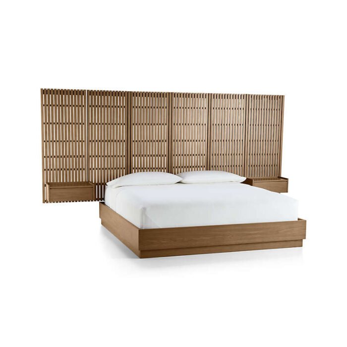 Batten Brown Oak King Plinth-Base Bed, Panels and Nightstands