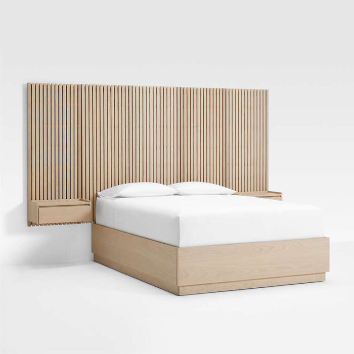 Batten White Oak Queen Plinth-Base Storage Bed, Panels and Nightstands