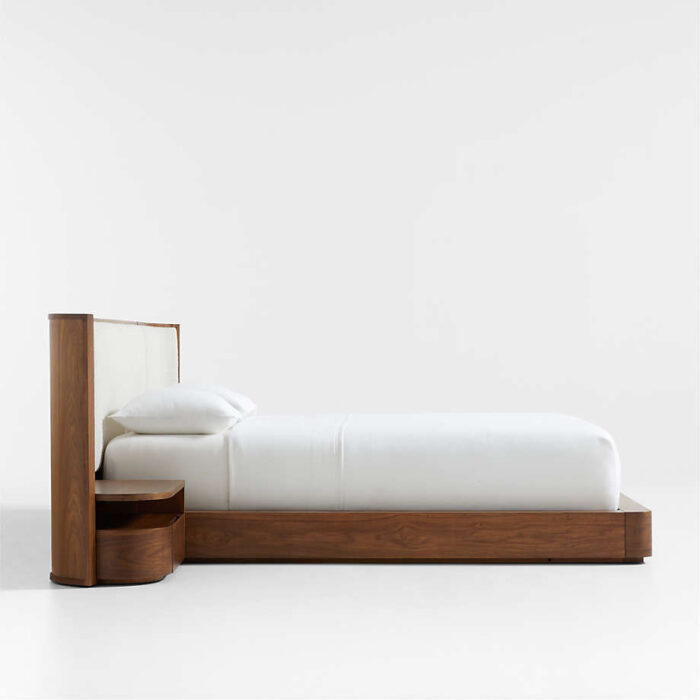 Milano Natural Walnut Wood Upholstered King Bed with Nightstands