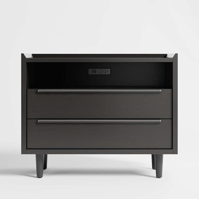 Tate Black 2-Drawer Mid-Century Nightstand with Power Outlets