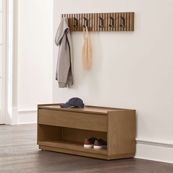 Batten Brown Oak Storage Bench and 2 Wall-Mounted Coat Racks