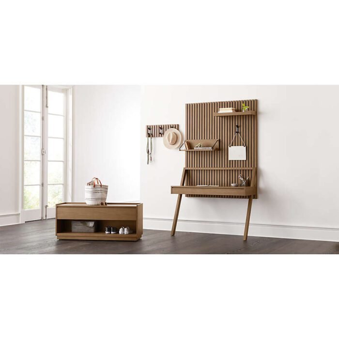 Batten Brown Oak Storage Bench and 2 Wall-Mounted Coat Racks