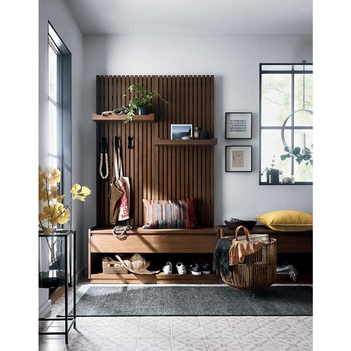 Batten Brown Oak Storage Bench and 2 Wall-Mounted Coat Racks