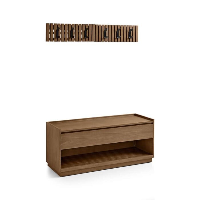 Batten Brown Oak Storage Bench and 2 Wall-Mounted Coat Racks